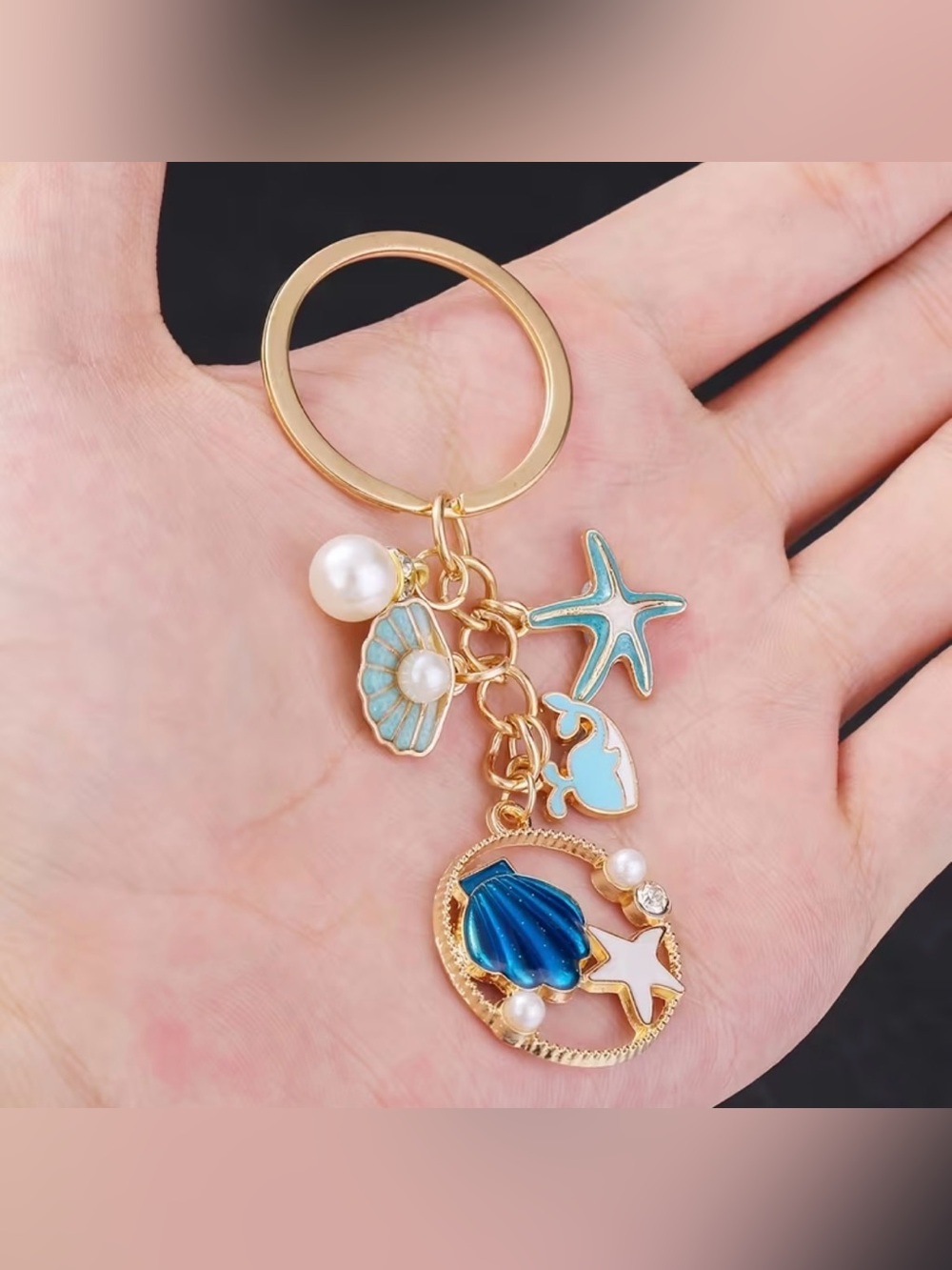 Seashell Starfish Keychain Gold Tone Beach Theme Charms Blue Shells & Pearls NIP - Picture 3 of 3